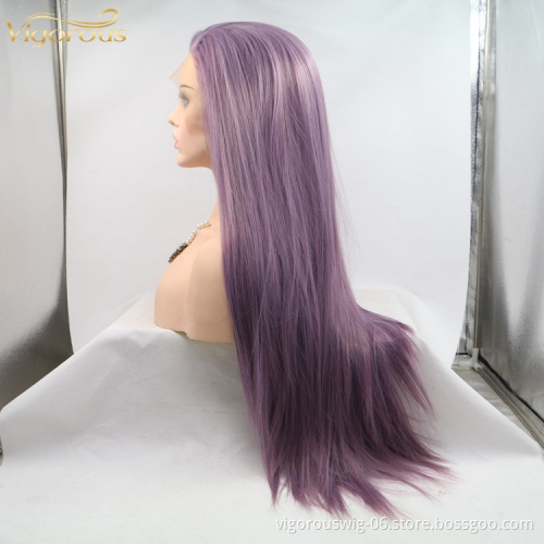 Vigorous mono long purple premium high quality straight wholesale black women synthetic hair wigs with lace front